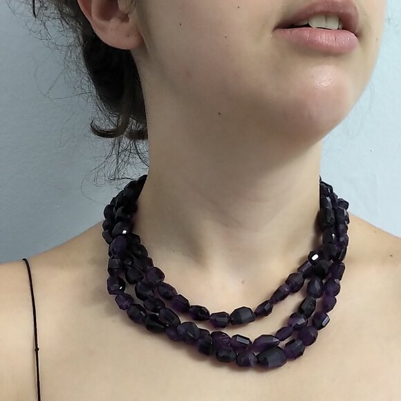 Magnificent Triple-Strand Amethyst Gemstone Statement Necklace w/ .925 Bar Clasp - Picture 1 of 4